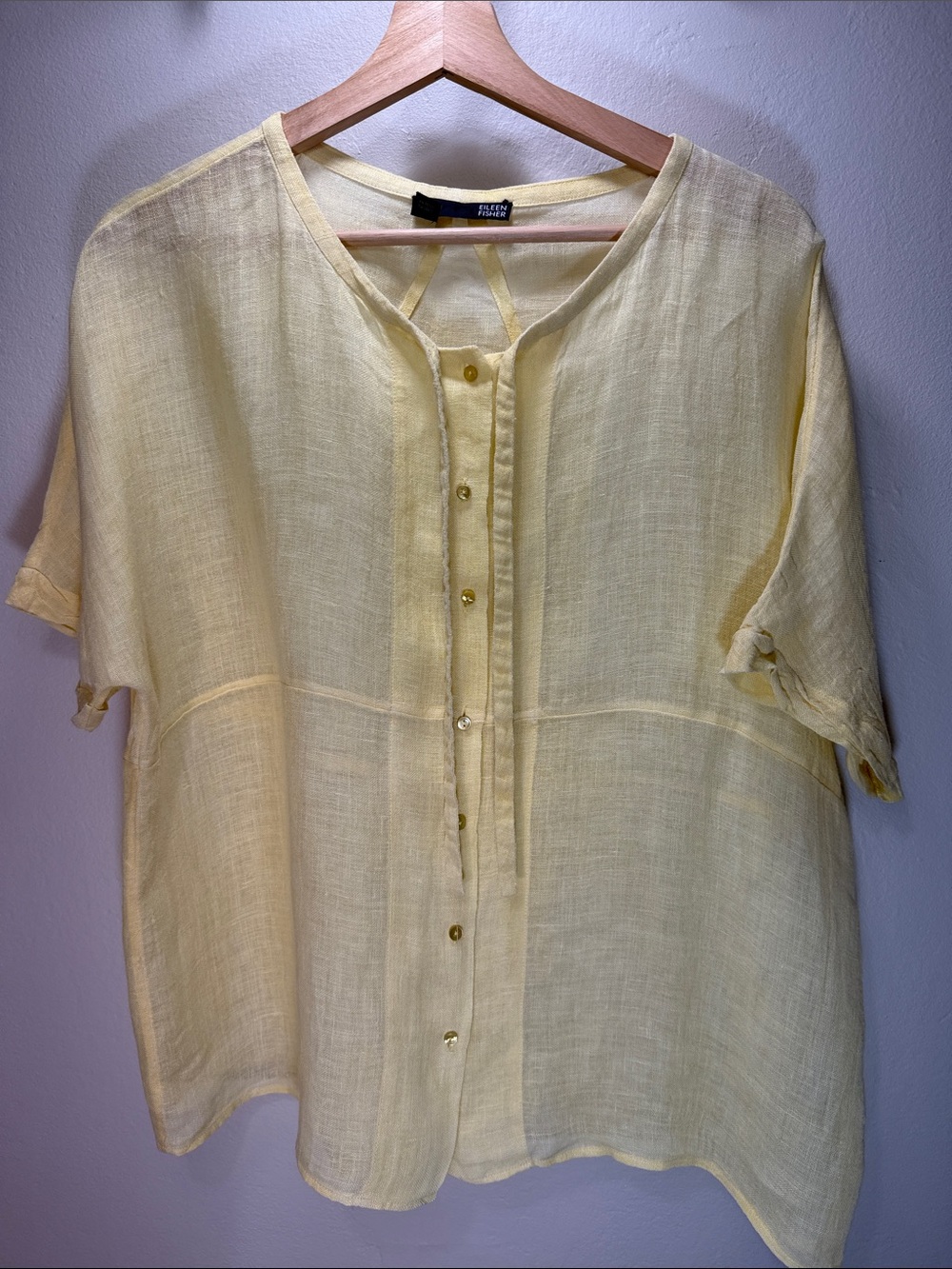 Eileen Fisher Pale Yellow Linen Button-Front Blouse